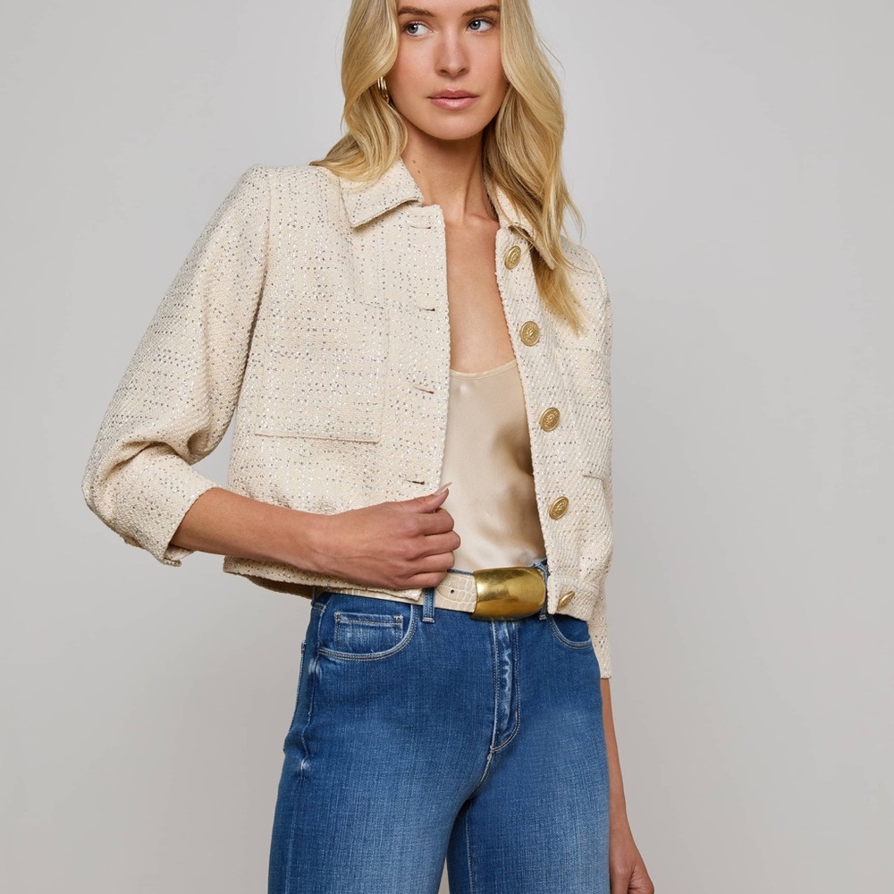 L'AGENCE NWT Cream Jia Cropped Blazer with Gold Buttons